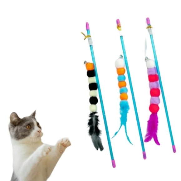 Cat Elastic Rope Pom Pom Feather Teaser Stick Cat Toy Wand - Picture 8 of 8